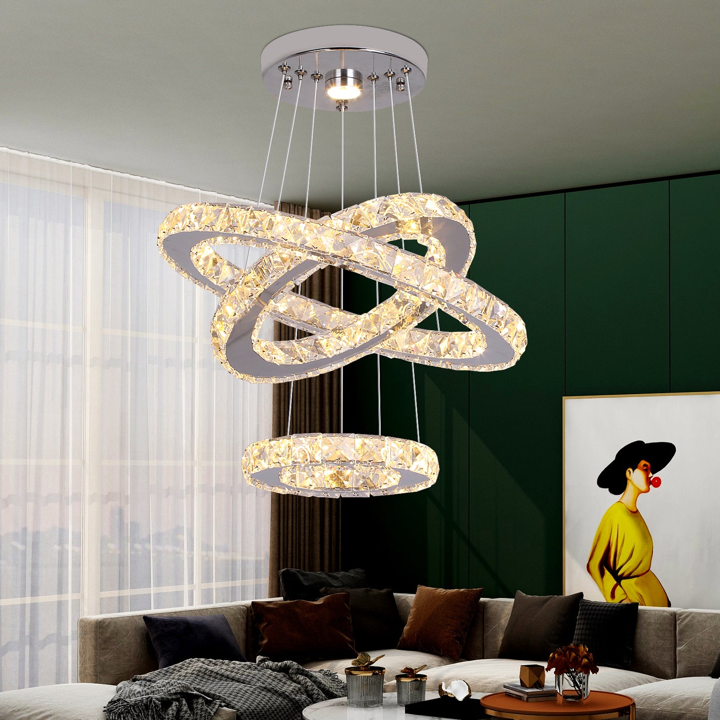 Modern LED Chandelier: 3-Ring Crystal Halo Pendant